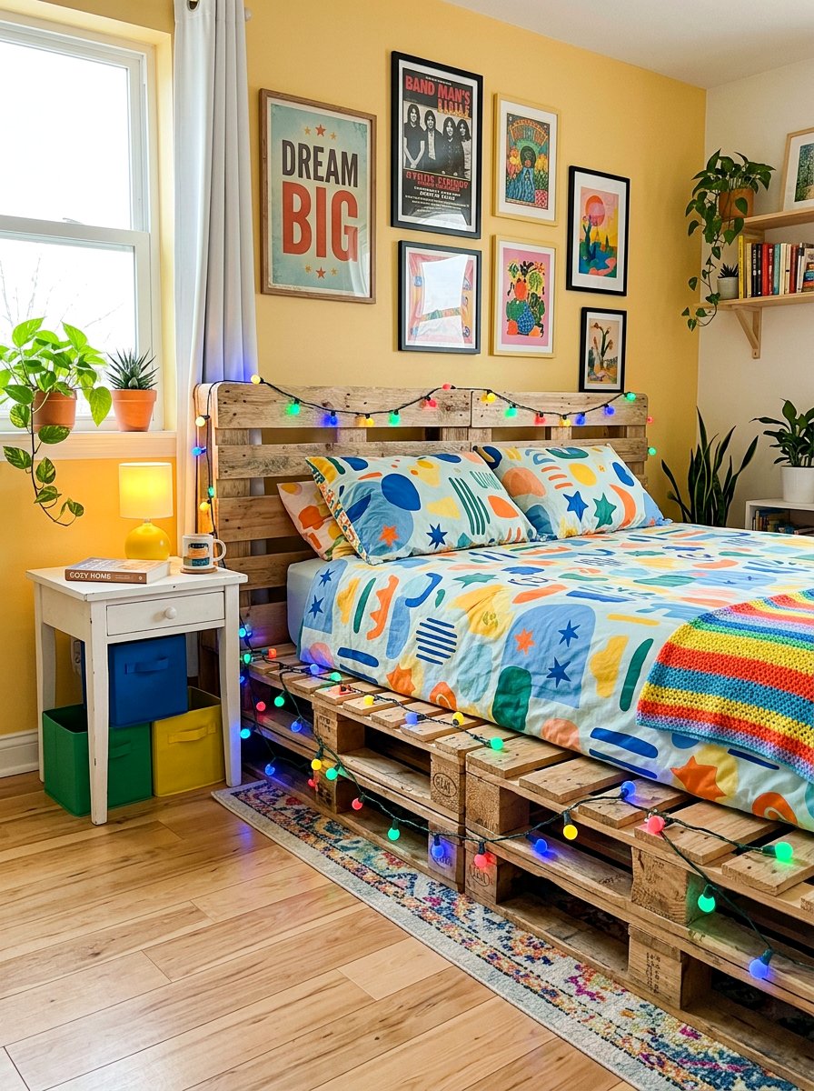 Colorful String Lights Pallet Bed - 25 Pallet bed ideas with string lights