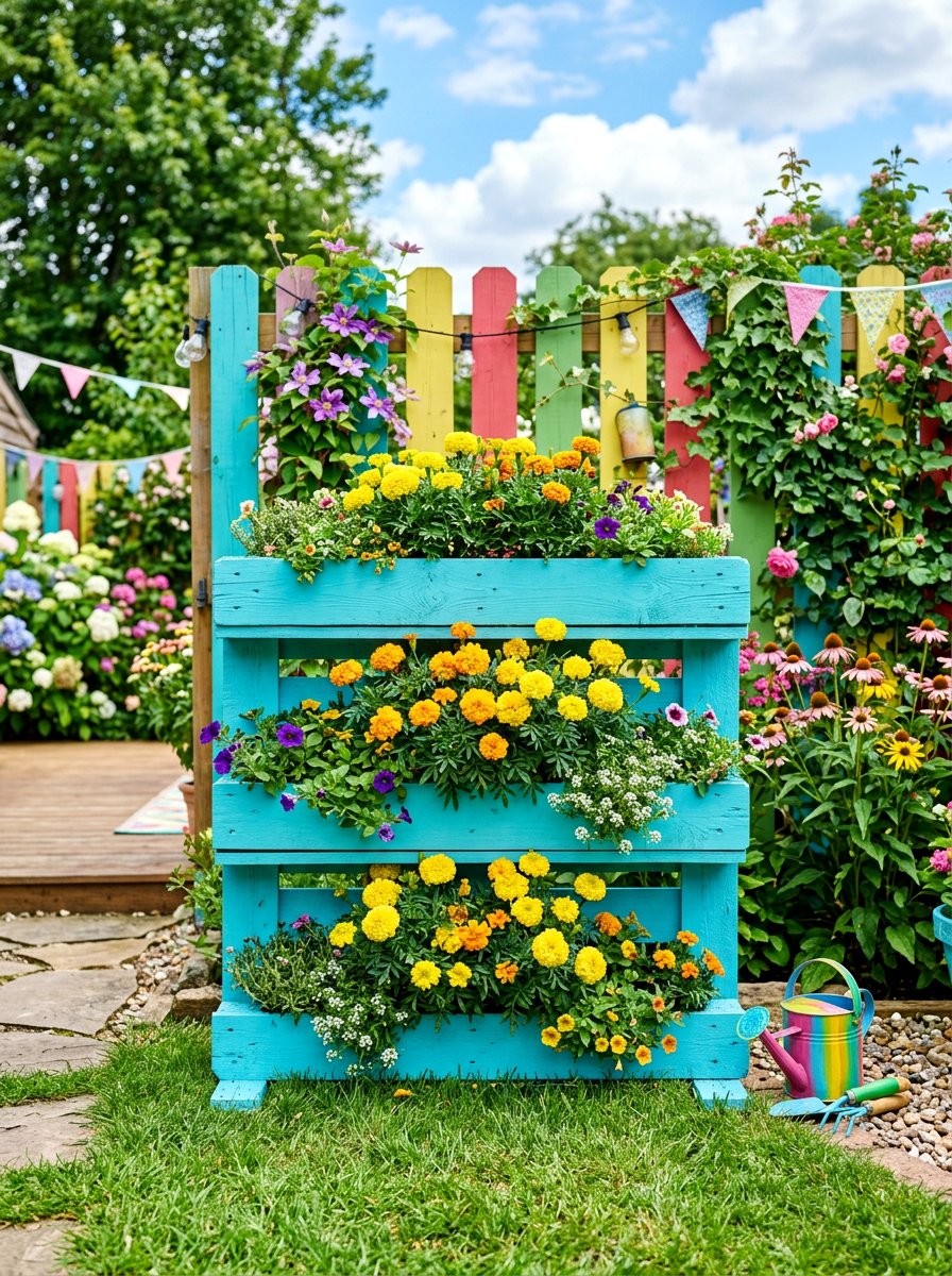 Colorful painted pallet planter - 25 Pallet Hanging Planter Ideas
