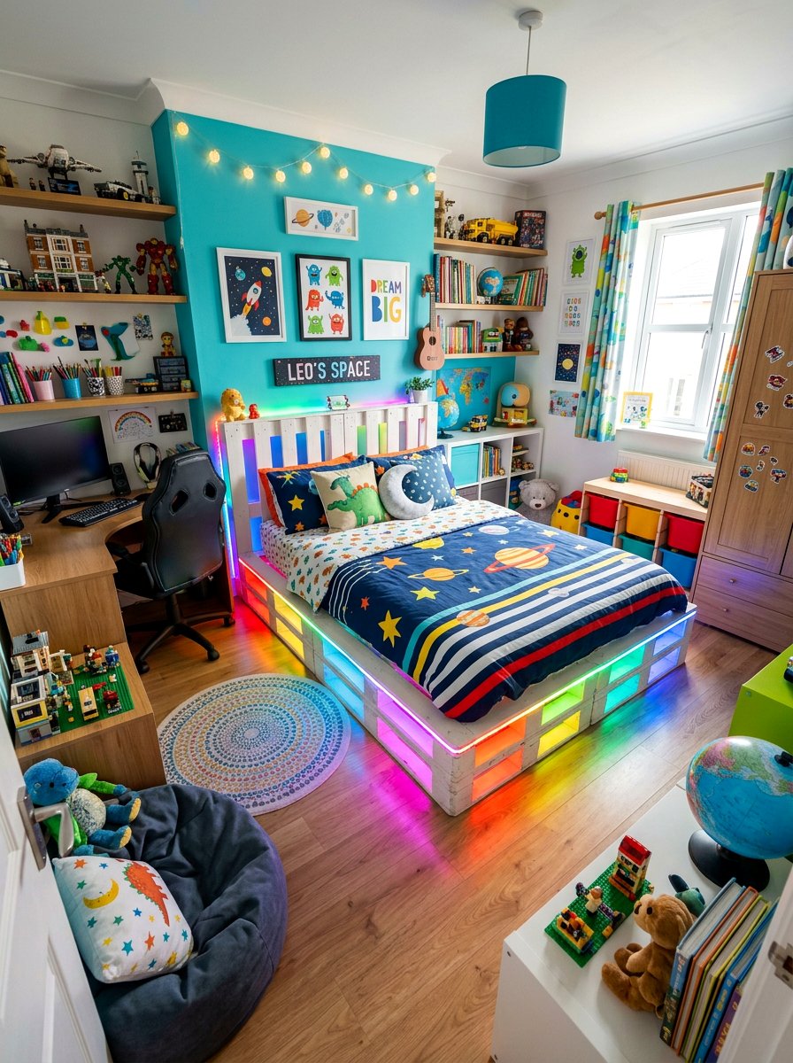 Colorful pallet bed lighting - 25 Lighted pallet bed frame ideas