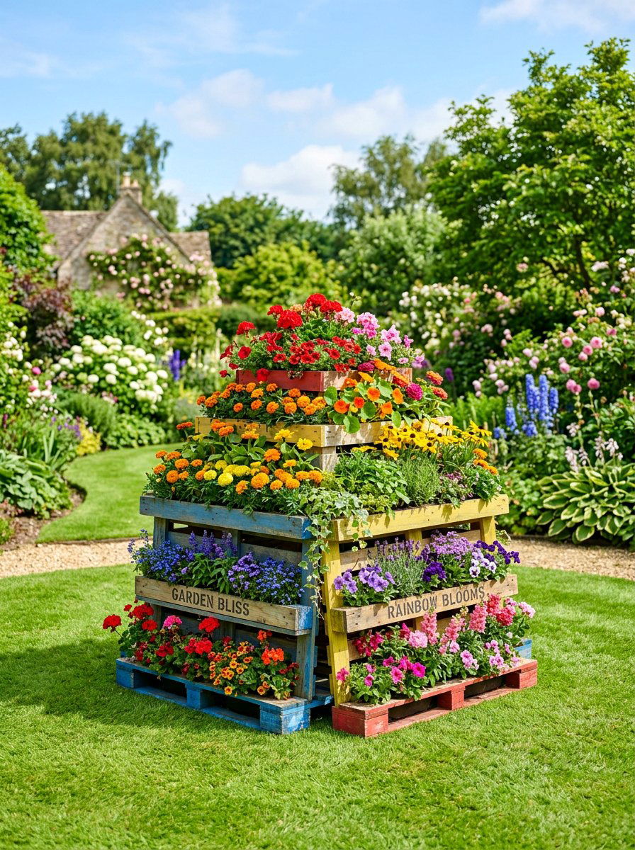 Colorful pallet flower display - 25 Pallet Vertical Flower Garden Ideas
