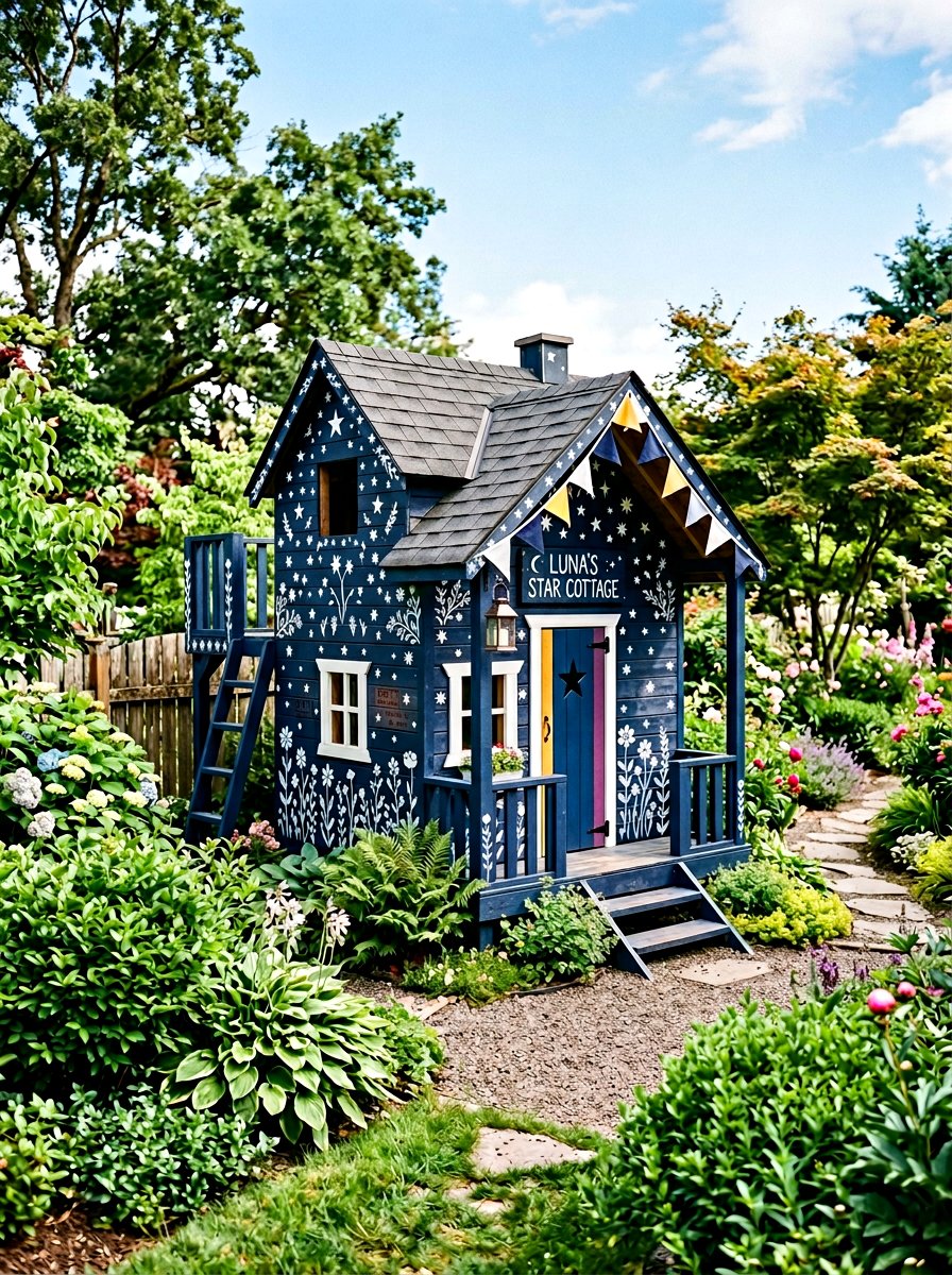 Colorful pallet playhouse with stencils - 25 Pallet Playhouse for Kids Ideas