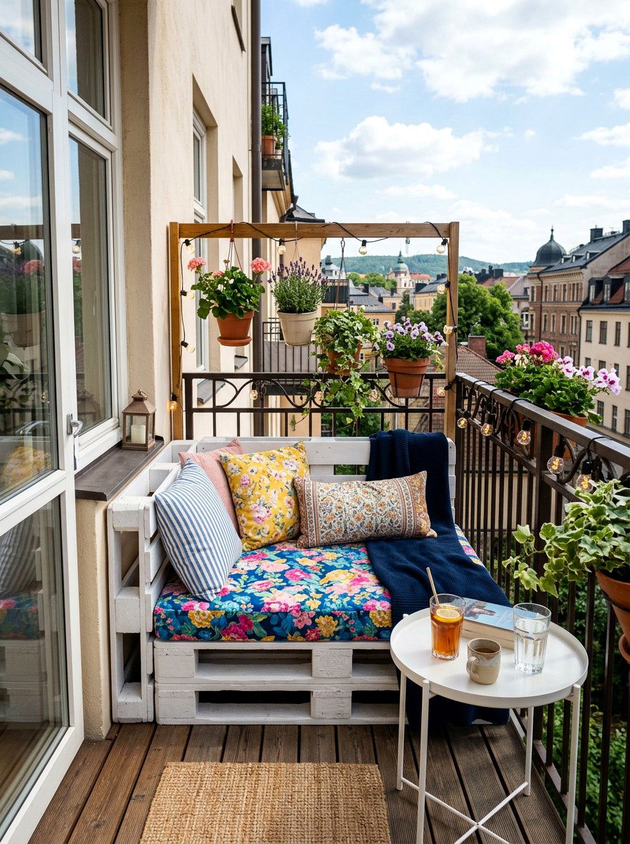 Compact balcony seating - 25 Outdoor pallet daybed ideas