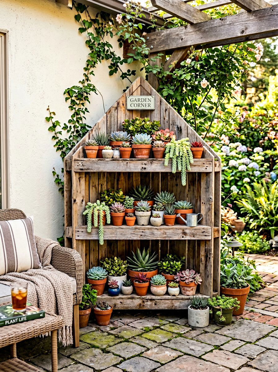 Corner Garden Stand - 25 Pallet Succulent Garden Ideas