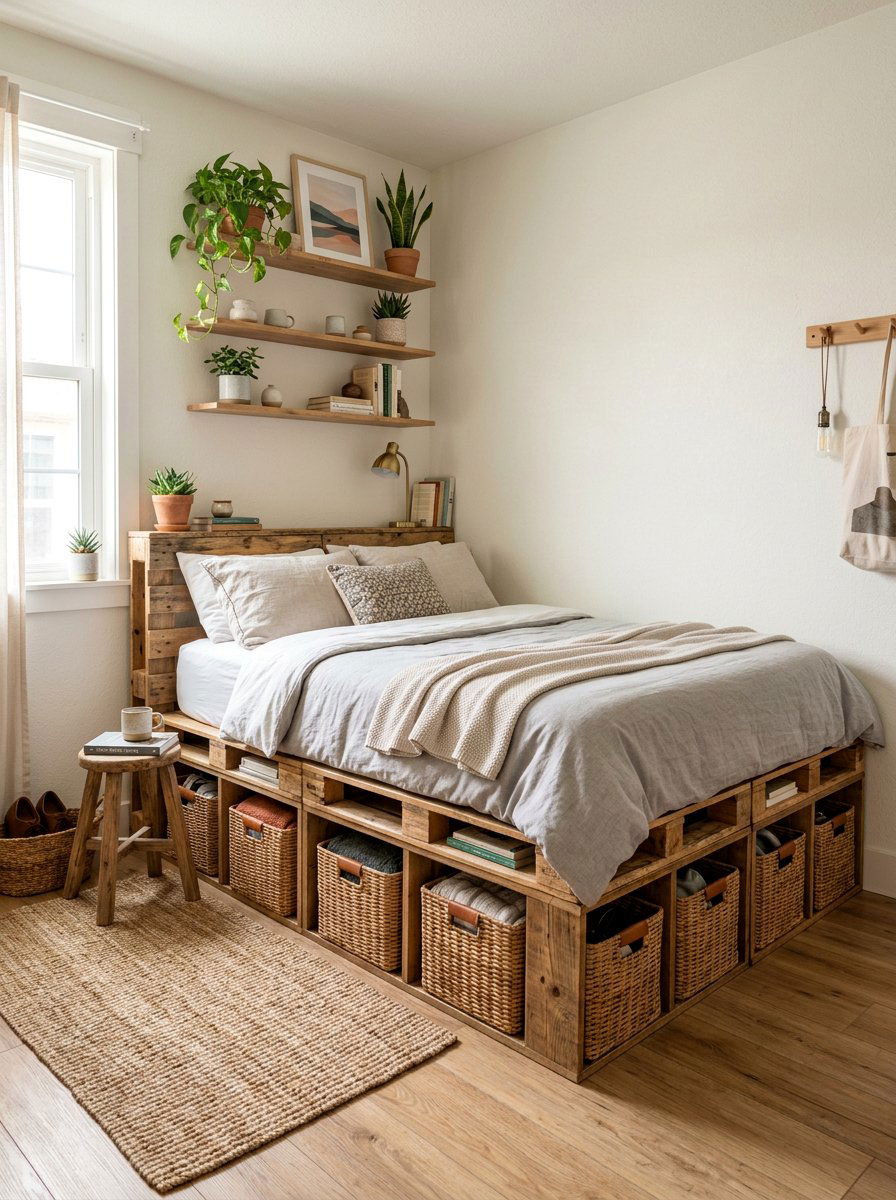 Corner Pallet Bed Storage Baskets - 25 Pallet bed ideas with storage underneath