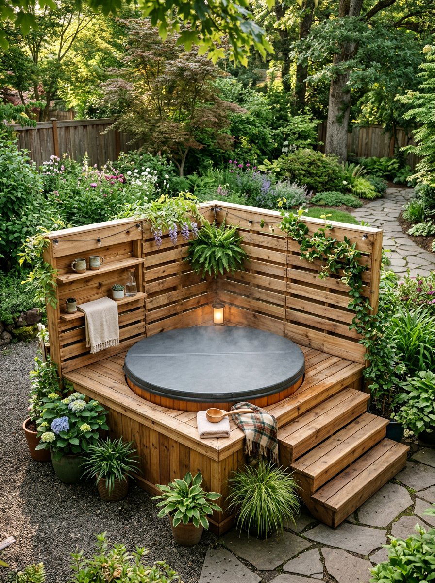 Corner Pallet Enclosure - 25 Pallet Hot Tub Surround Ideas