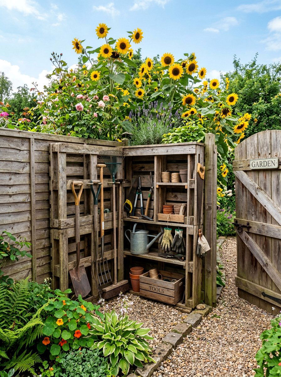 Corner Pallet Tool Storage - 25 Pallet Garden Tool Organizer Ideas