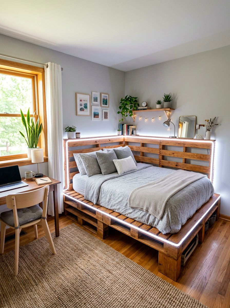 Corner pallet bed - 25 Pallet bed ideas with LED lights