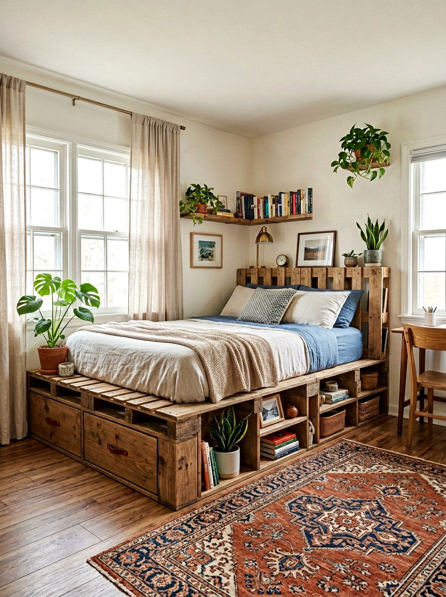 Corner pallet bed storage - 25 Pallet bed ideas with built-in storage