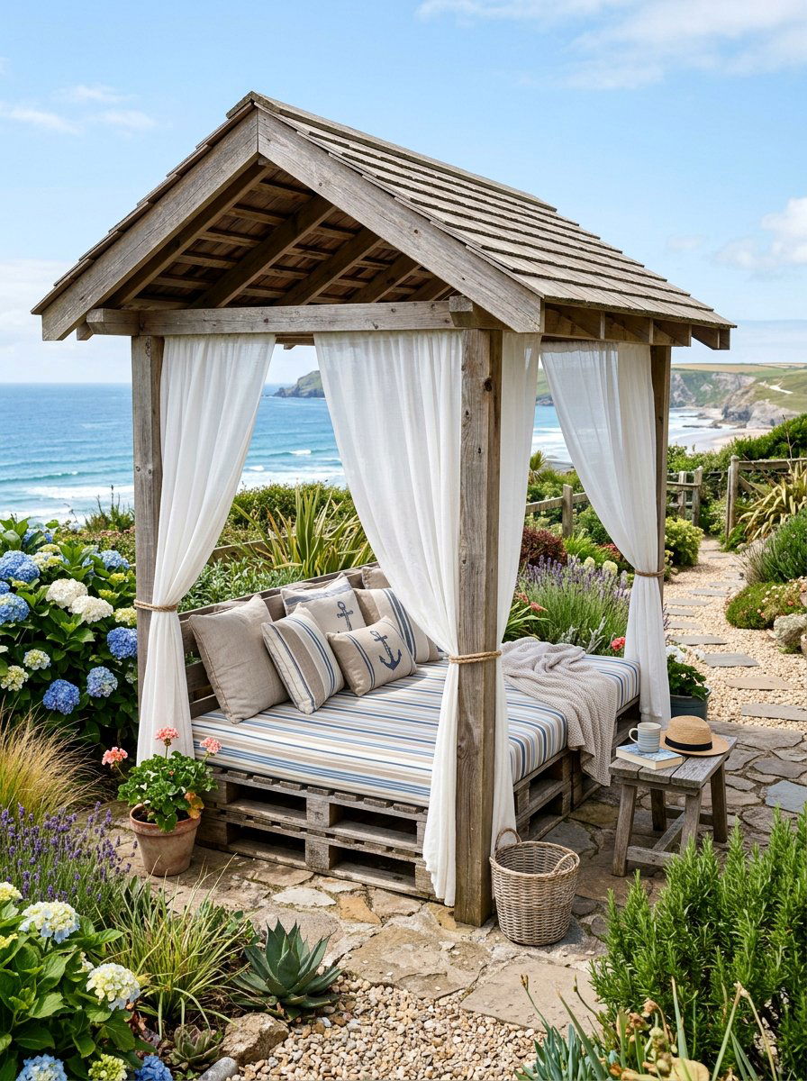 Covered Pallet Daybed - 25 Pallet Lounge Chair Ideas