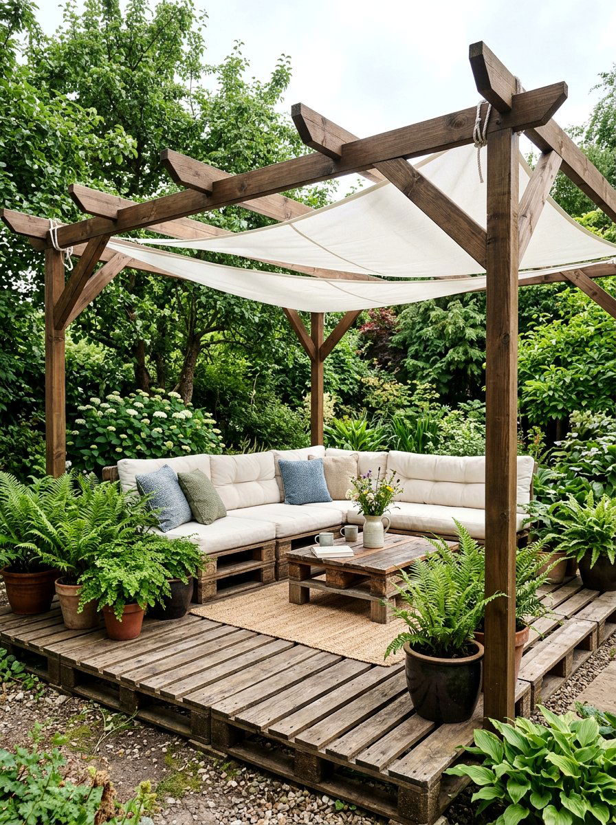 Covered Pallet Deck Seating - 25 Pallet Deck for Backyard Ideas