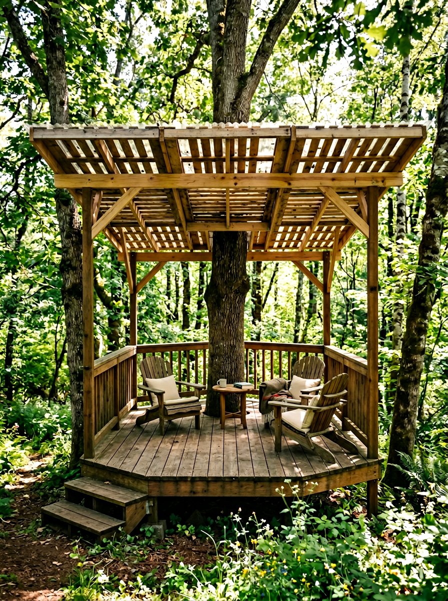 Covered pallet tree deck - 25 Pallet Tree House Platform Ideas