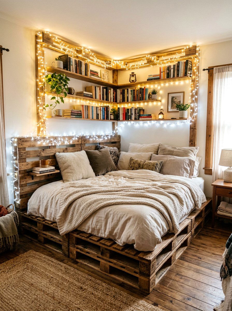 Cozy Corner Pallet Bed - 25 Pallet bed ideas with lights