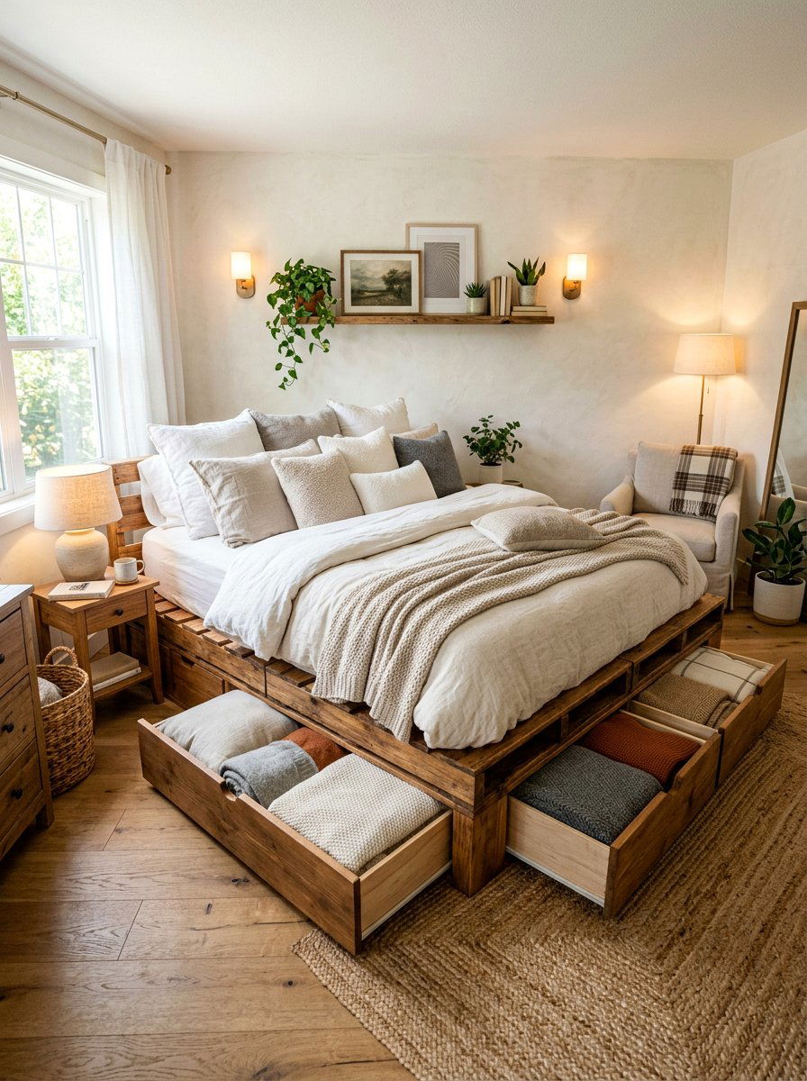 Cozy Pallet Bed Pillows Storage - 25 Pallet bed ideas with storage underneath