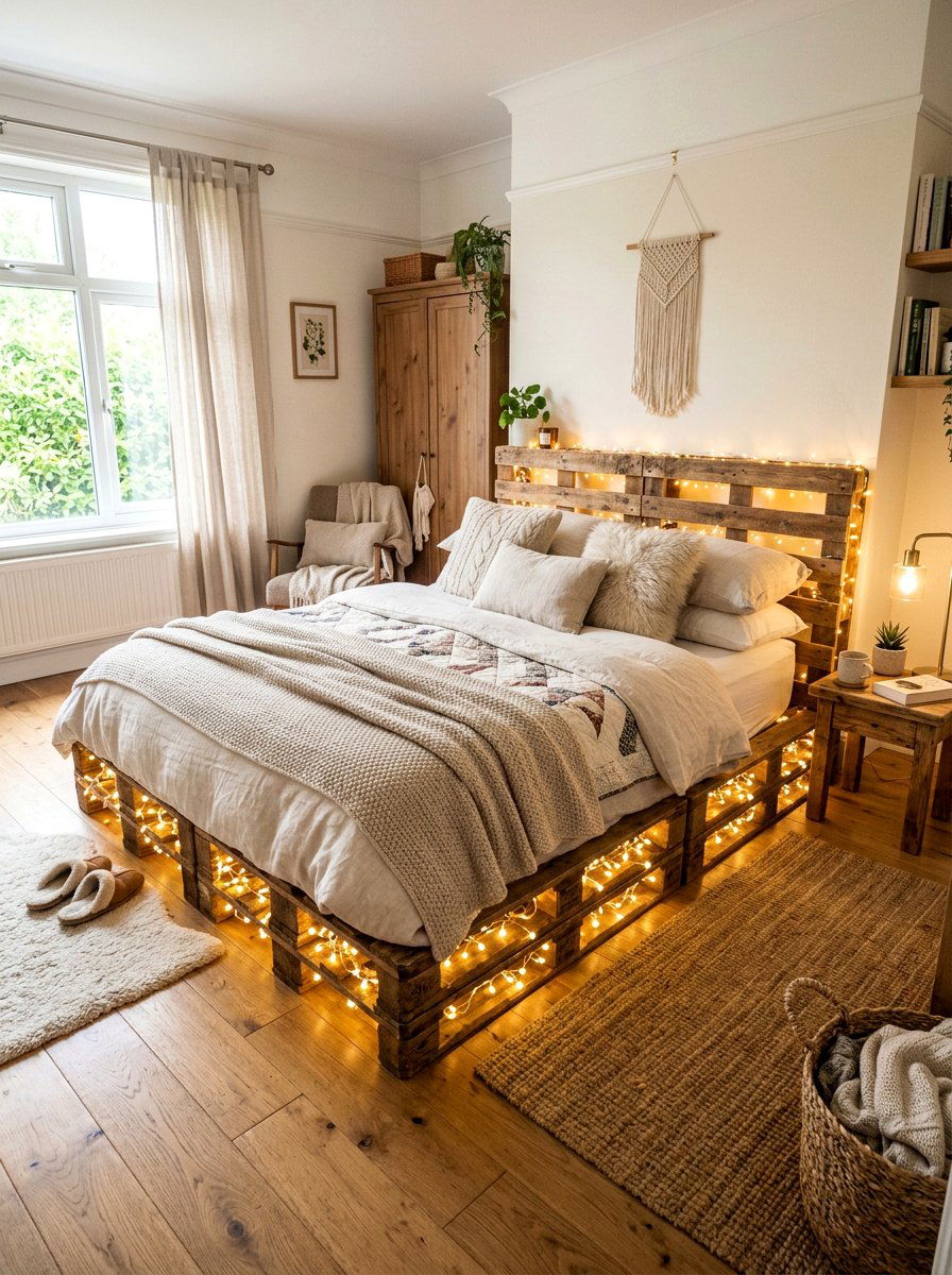 Cozy bedroom pallet bed lights - 25 Lighted pallet bed frame ideas