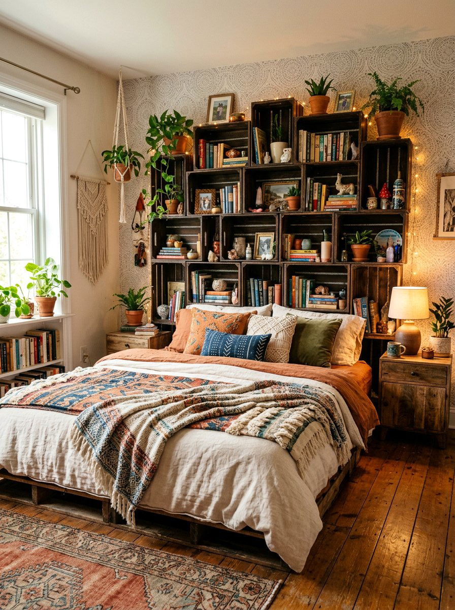 Crate Bookshelf Headboard - 25 Pallet bed ideas with crate storage