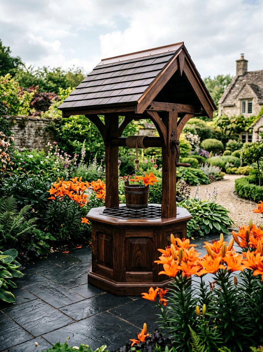 Dark Stained Garden Well - 25 Pallet Wishing Well Planter Ideas