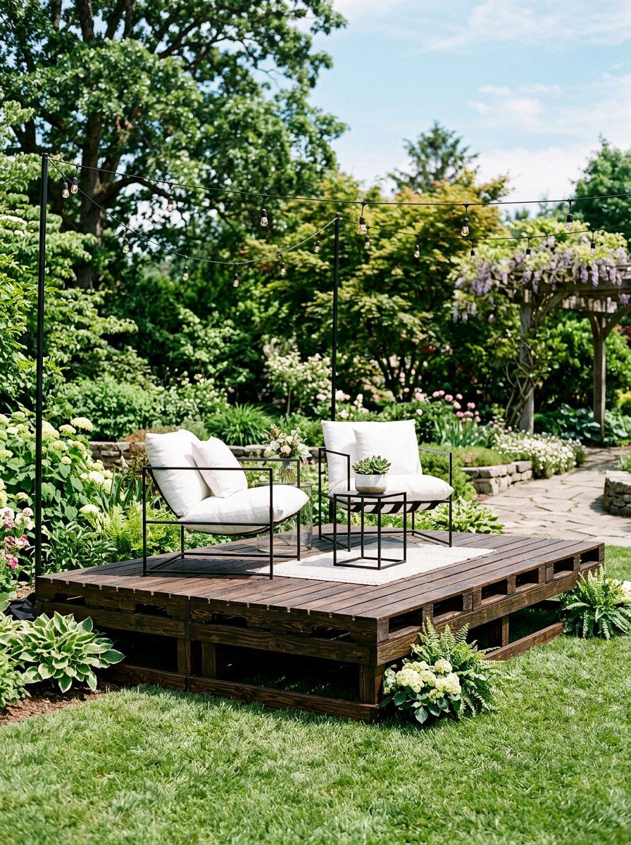 Dark stained pallet stage - 25 Pallet Stage for Backyard Ideas