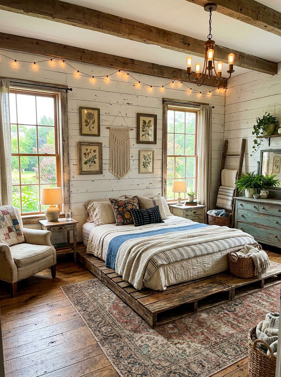 Distressed Pallet Platform Bed - 25 Farmhouse pallet bed ideas