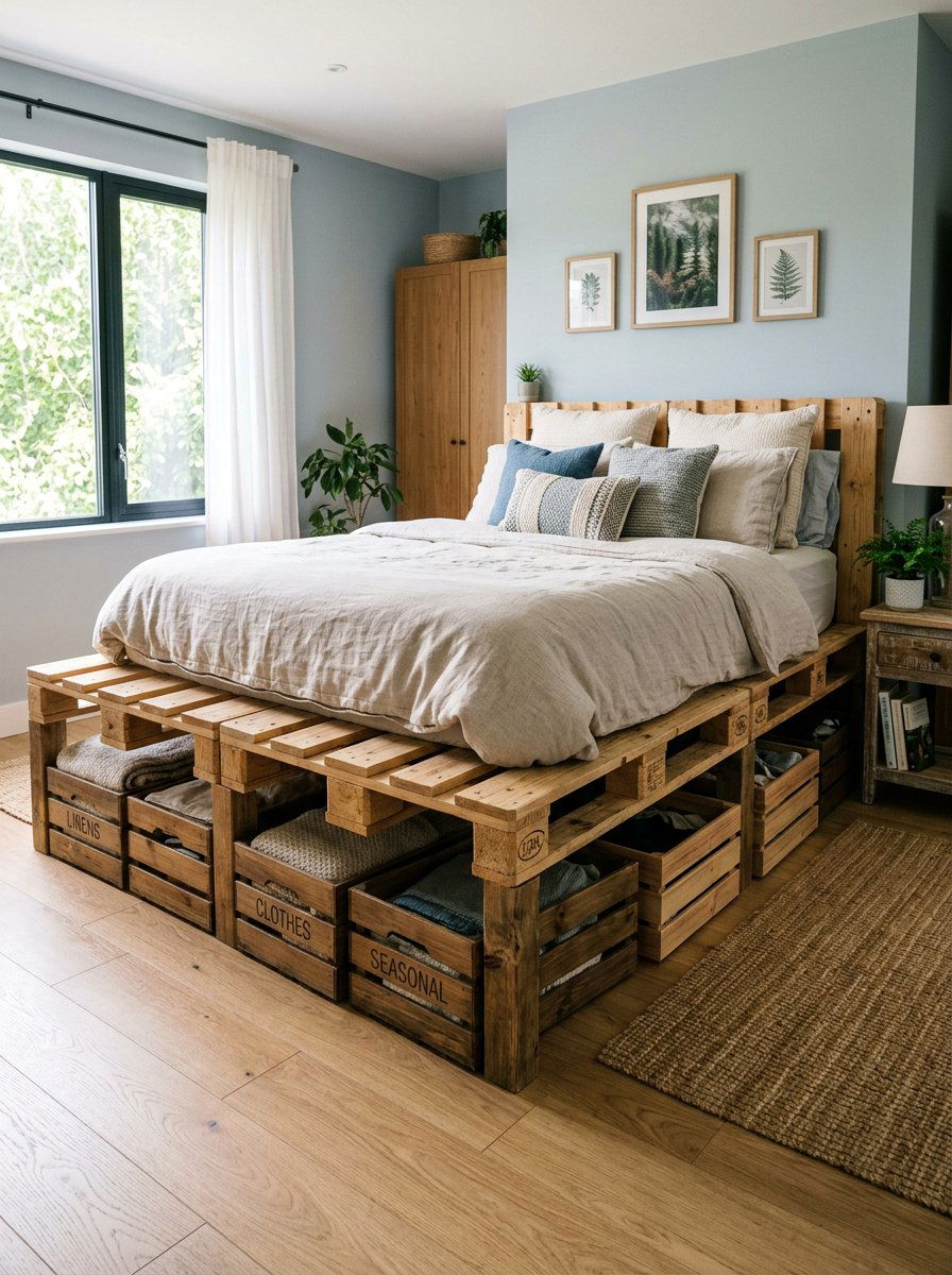 Double Bed Pallet Storage - 25 Pallet bed ideas with crate storage