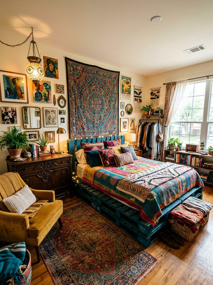 Eclectic pallet bed bedroom - 25 Queen size pallet bed ideas