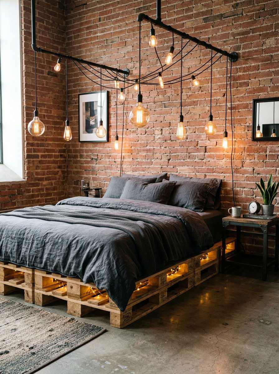 Edison Bulb Pallet Bed Lights - 25 Pallet bed ideas with string lights
