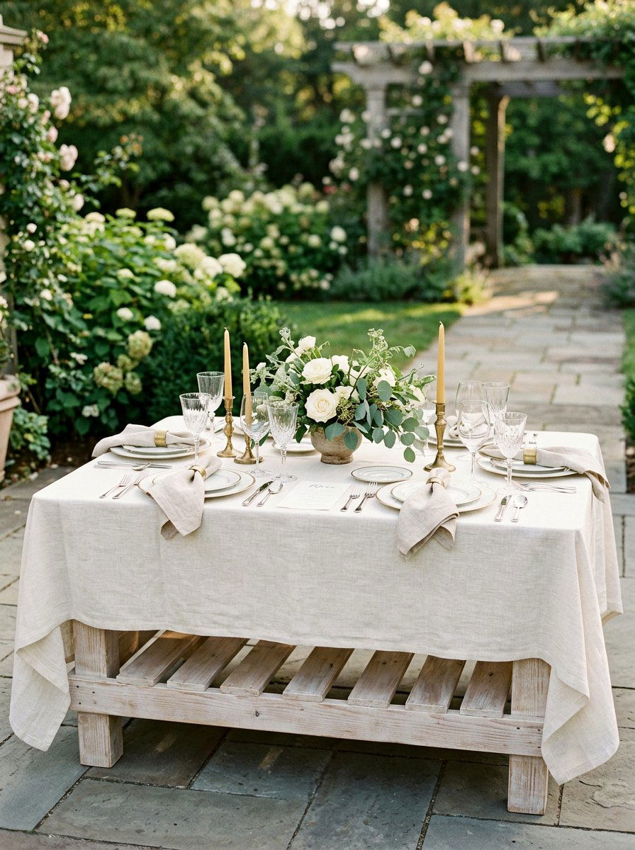Elegant Pallet Table With Tablecloth Styling - 25 Pallet Outdoor Dining Table Ideas