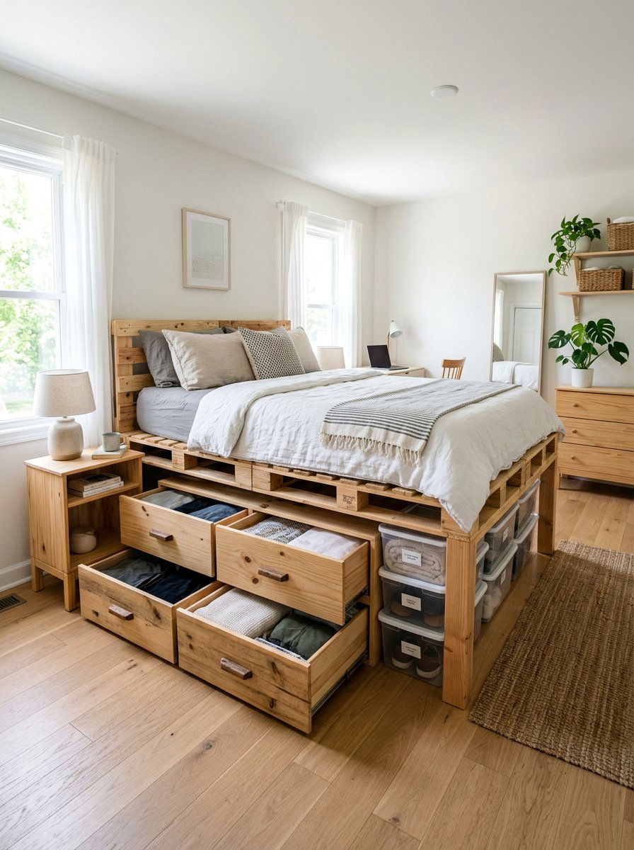 Elevated Pallet Bed Deep Storage - 25 Pallet bed ideas with storage underneath