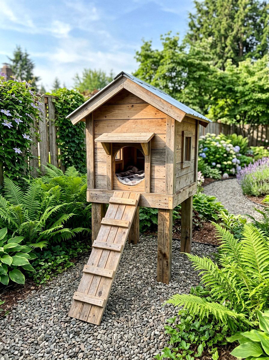 Elevated Wood Cat Box - 25 pallet cat shelter ideas