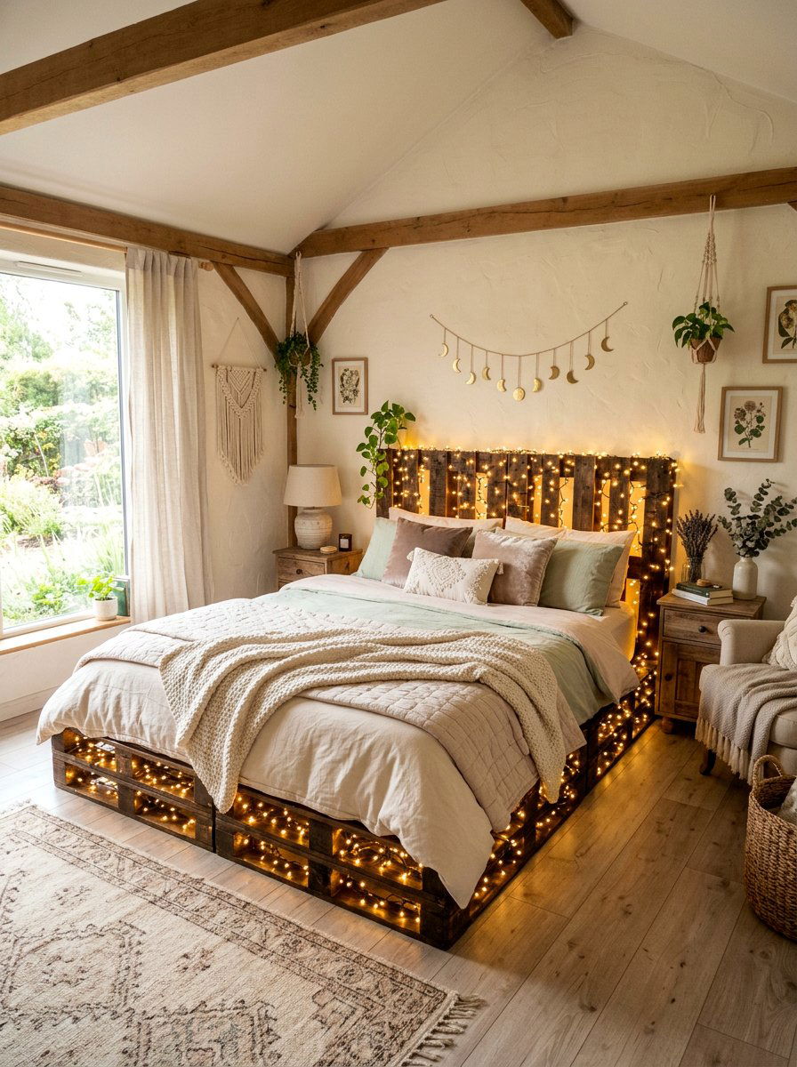 Fairy Light Pallet Bed - 25 Illuminated pallet bed ideas