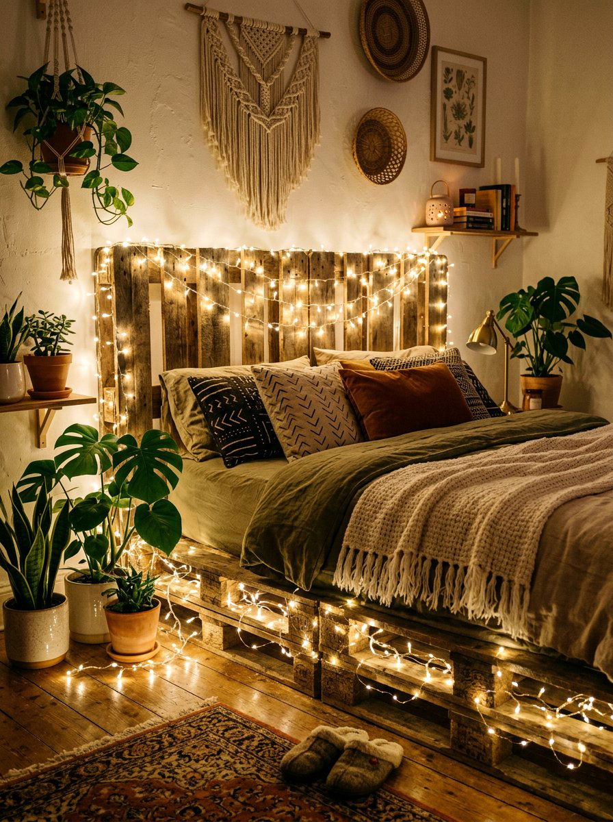 Fairy Lights On Pallet Bed - 25 Pallet bed ideas with string lights