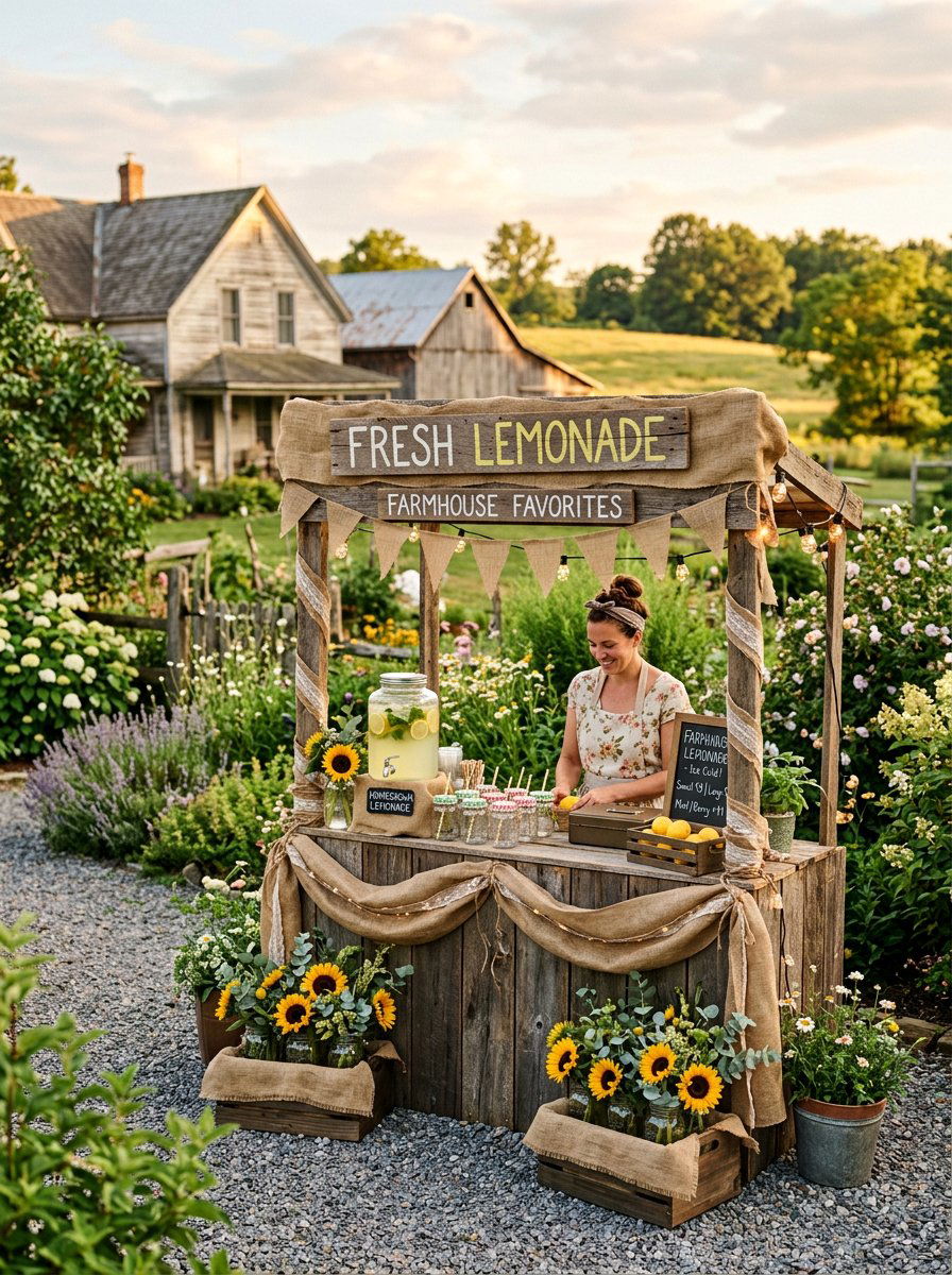 Farmhouse Lemonade Stand With Burlap - 25 Pallet Lemonade Stand Ideas