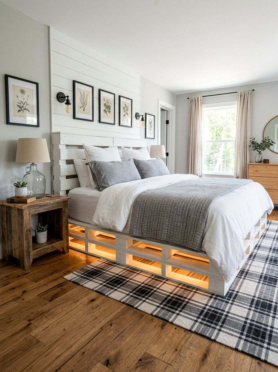 Farmhouse Pallet Bed - 25 Pallet bed ideas with lights underneath
