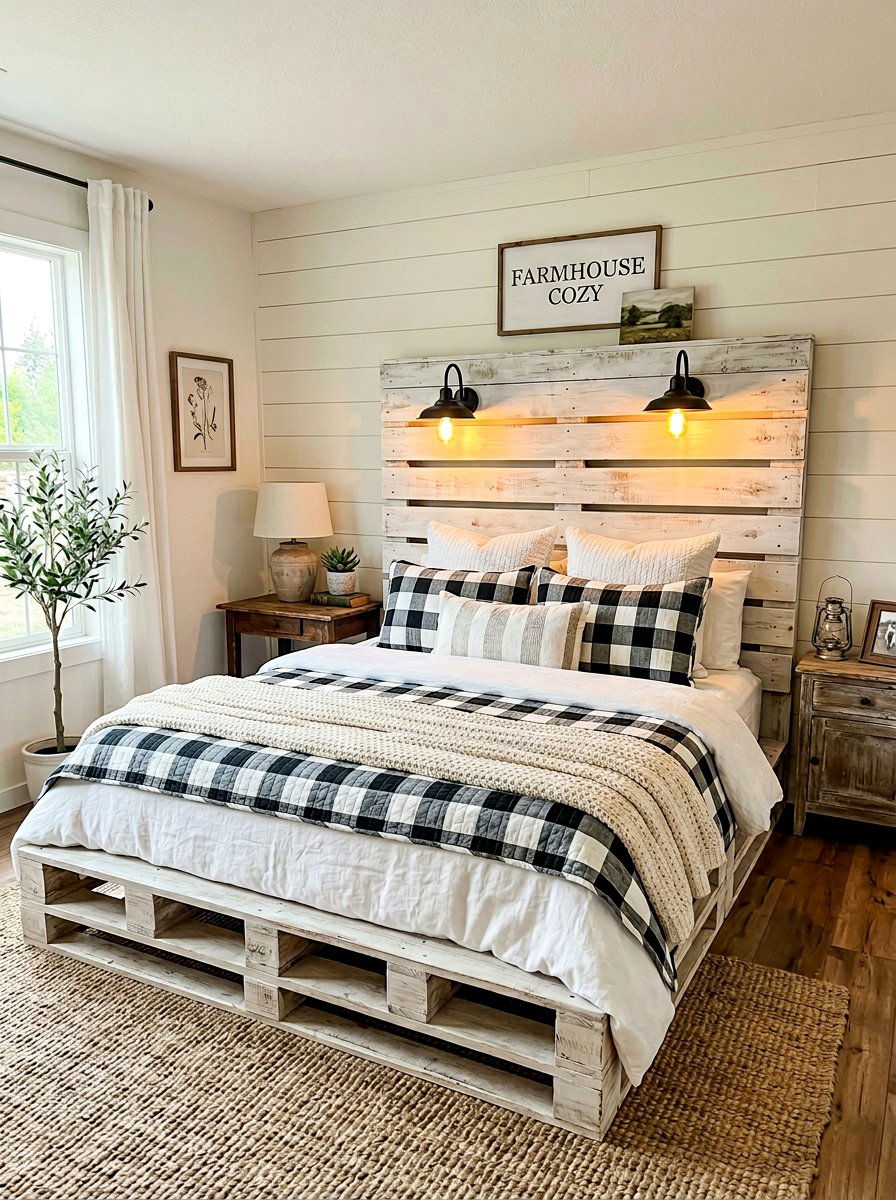 Farmhouse Style Bed - 25 Pallet bed ideas with lights