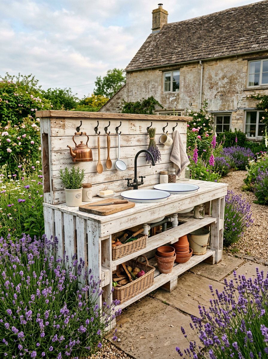 Farmhouse Style Pallet Kitchen - 25 Pallet Outdoor Play Kitchen Ideas