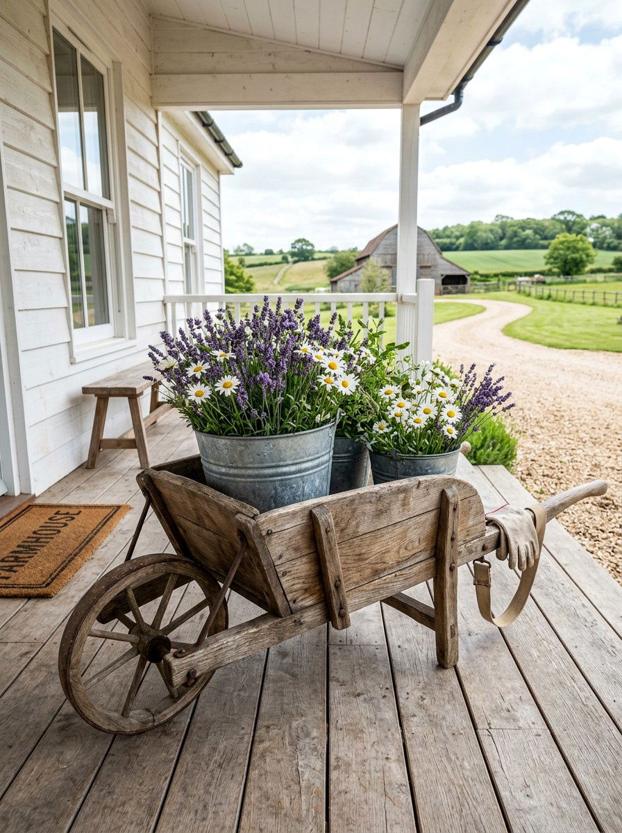 Farmhouse Style Wood Wheelbarrow - 25 Pallet Wheelbarrow Planter Ideas