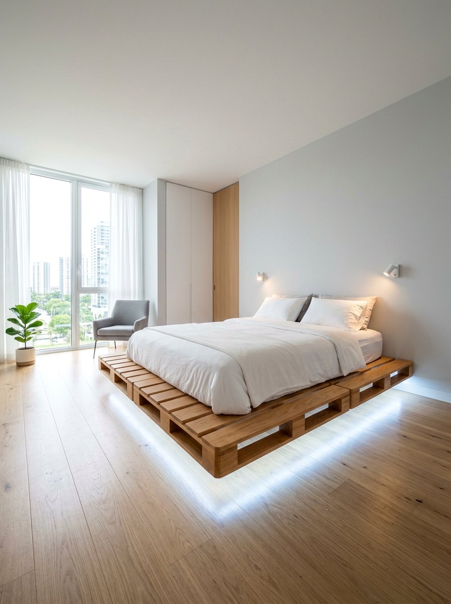 Floating Pallet Bed - 25 Pallet bed ideas with lights underneath