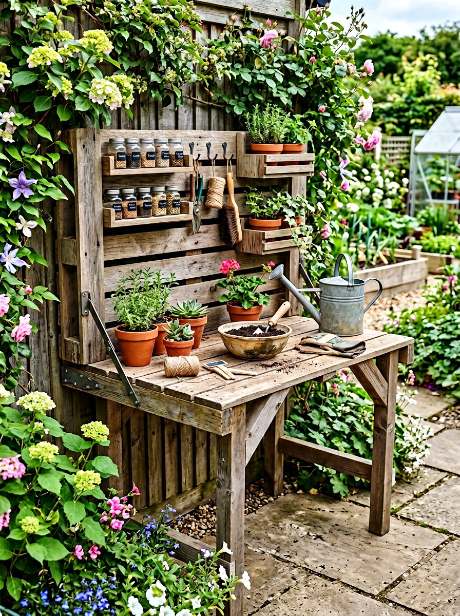 Fold down pallet potting bench - 25 Pallet Vertical Flower Garden Ideas