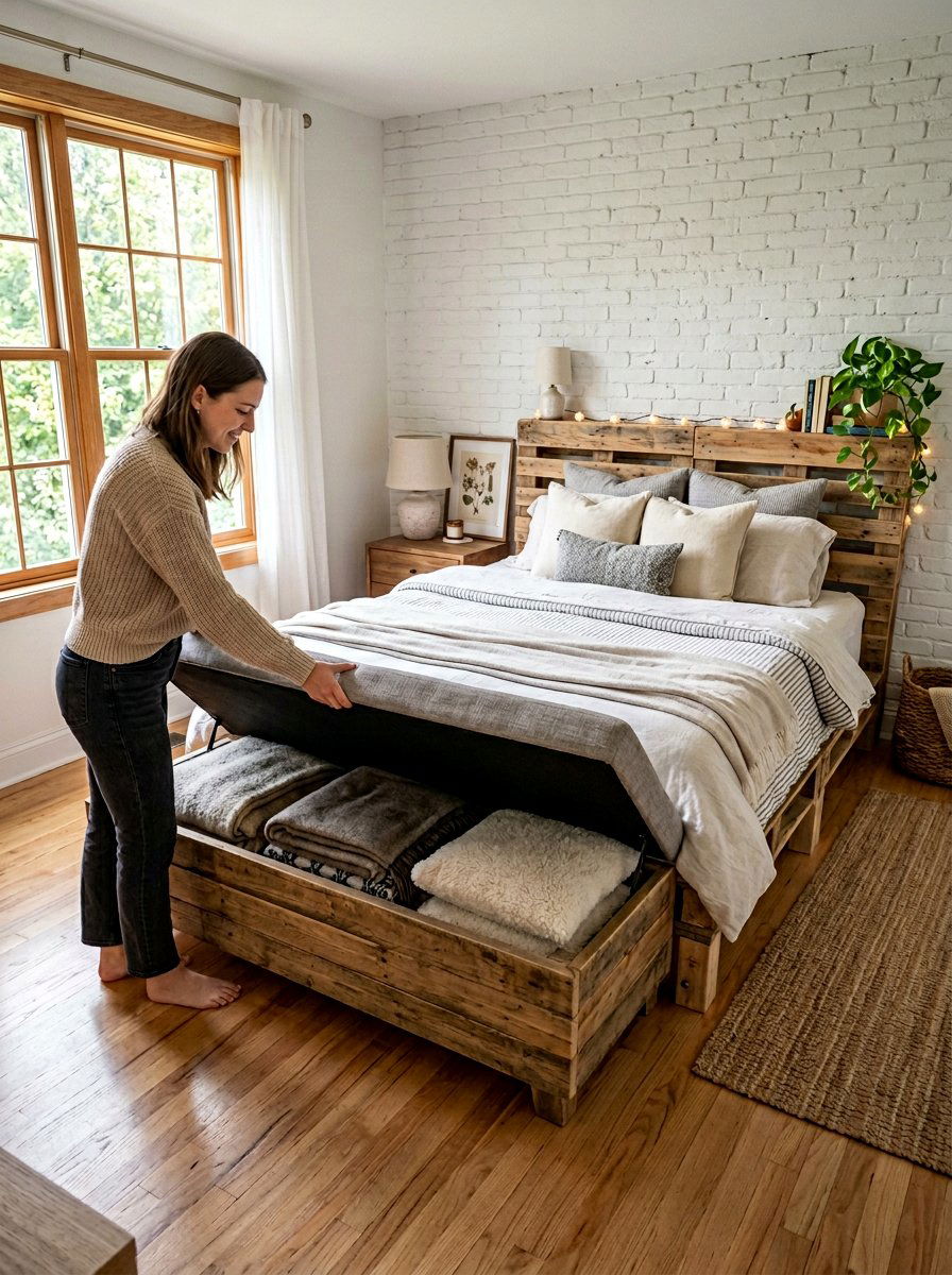 Footboard Bench Storage - 25 Pallet bed ideas with hidden storage