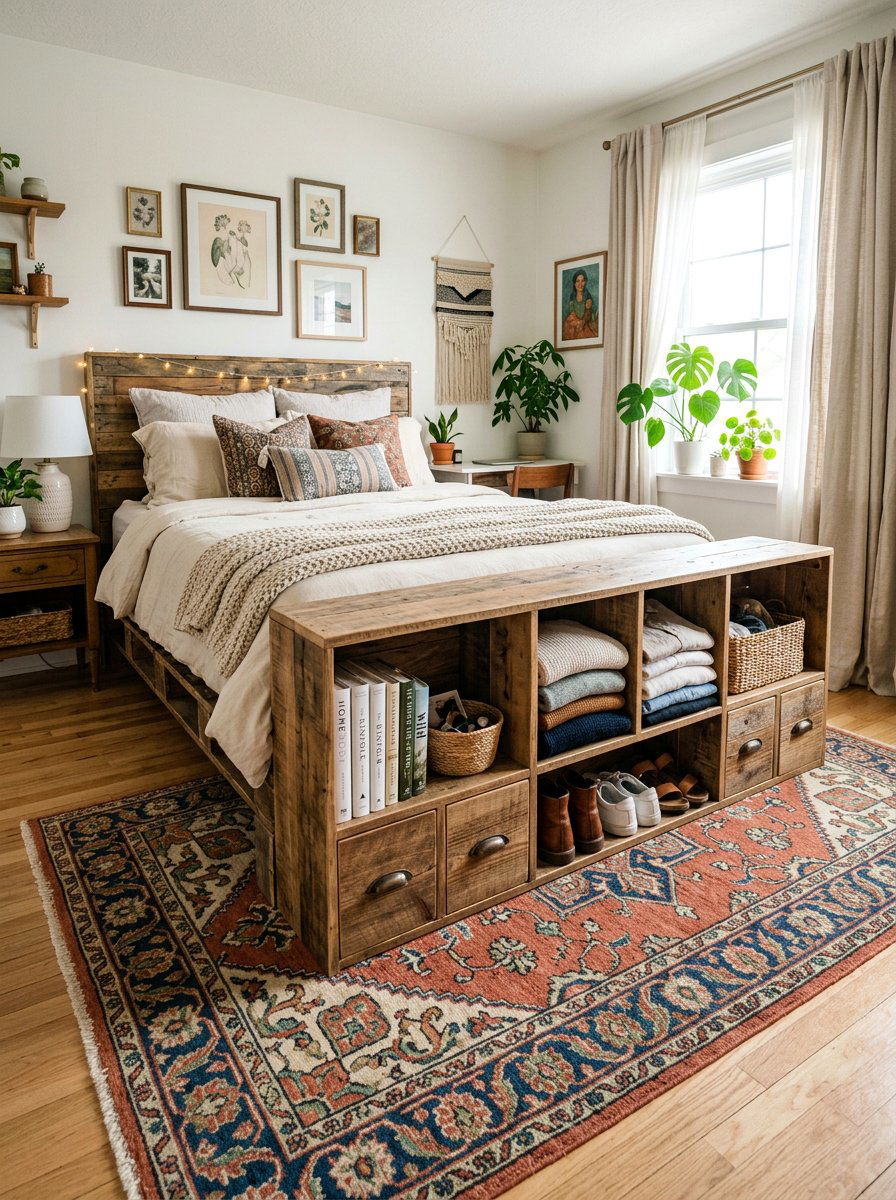 Footboard storage pallet bed - 25 Pallet bed ideas with built-in storage