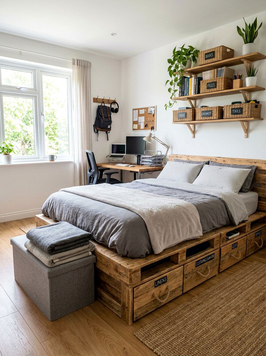 Functional Bedroom Storage - 25 Pallet bed ideas with drawers
