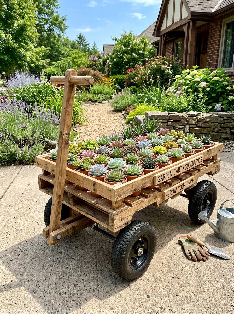 Garden Cart On Wheels - 25 Pallet Succulent Garden Ideas