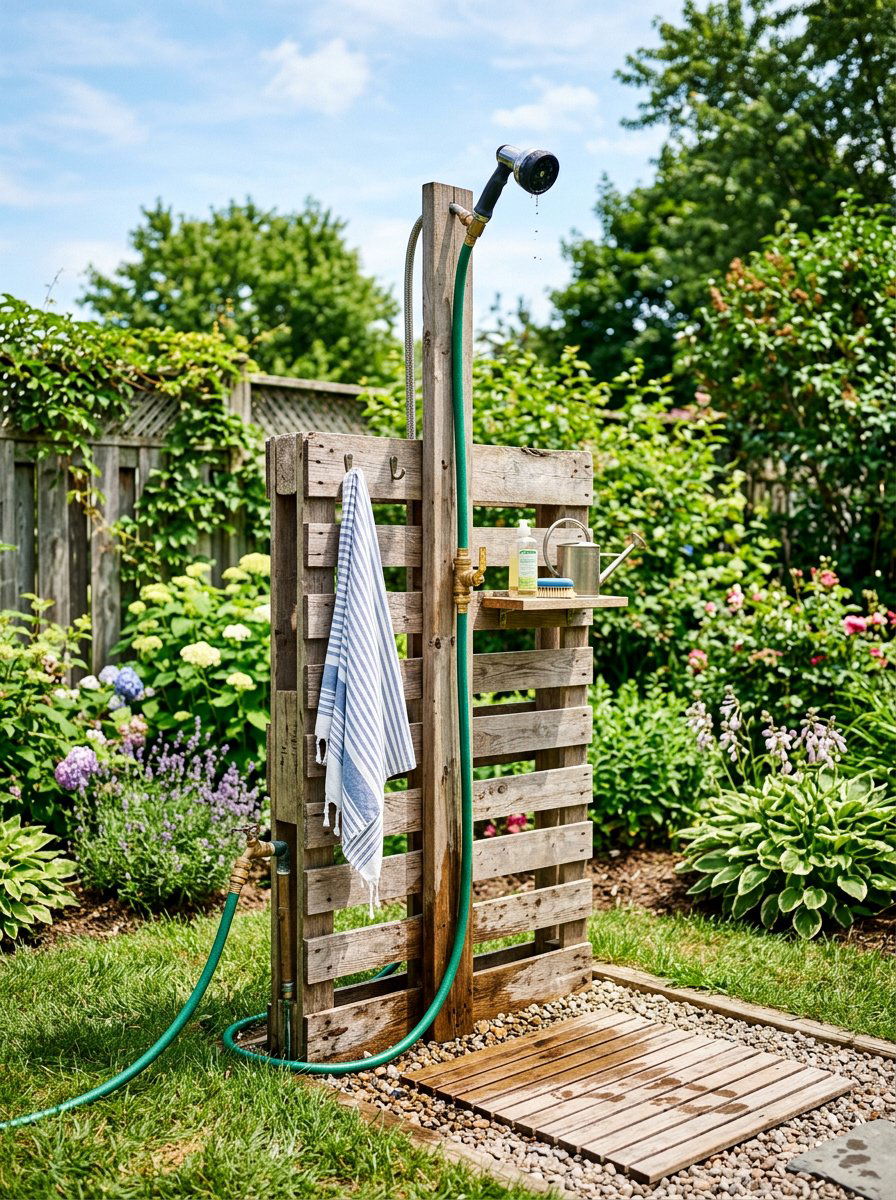 Garden Hose Shower - 25 Pallet Outdoor Shower Ideas
