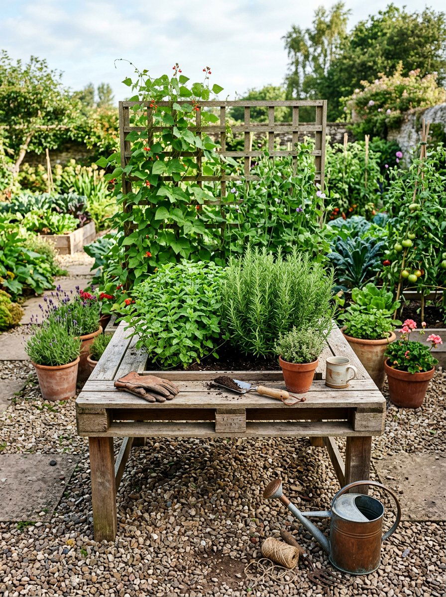Garden pallet table with herb planter - 25 Pallet Picnic Table Ideas
