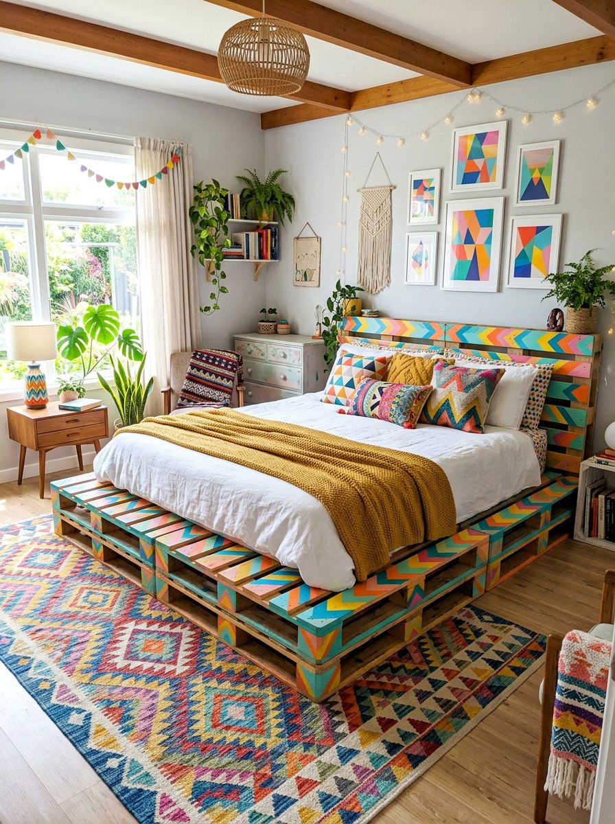 Geometric Painted Bedroom - 25 King size pallet bed ideas