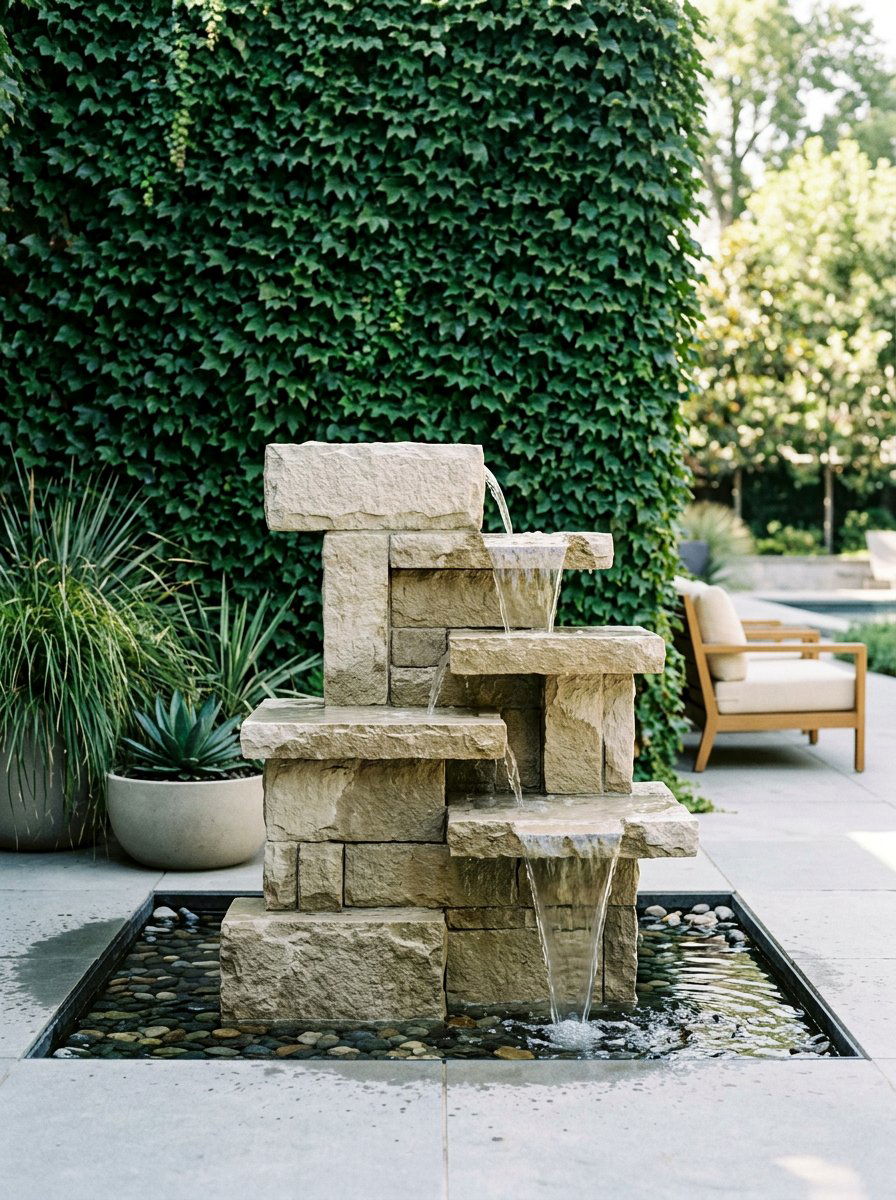 Geometric limestone fountain - 25 backyard fountain ideas