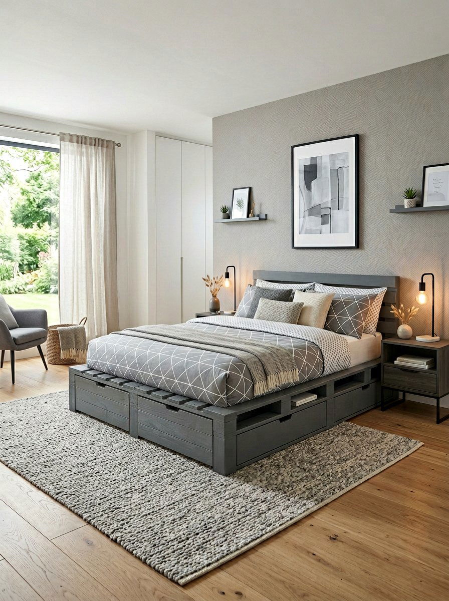 Grey Painted Pallet Bed Storage - 25 Pallet bed ideas with storage underneath