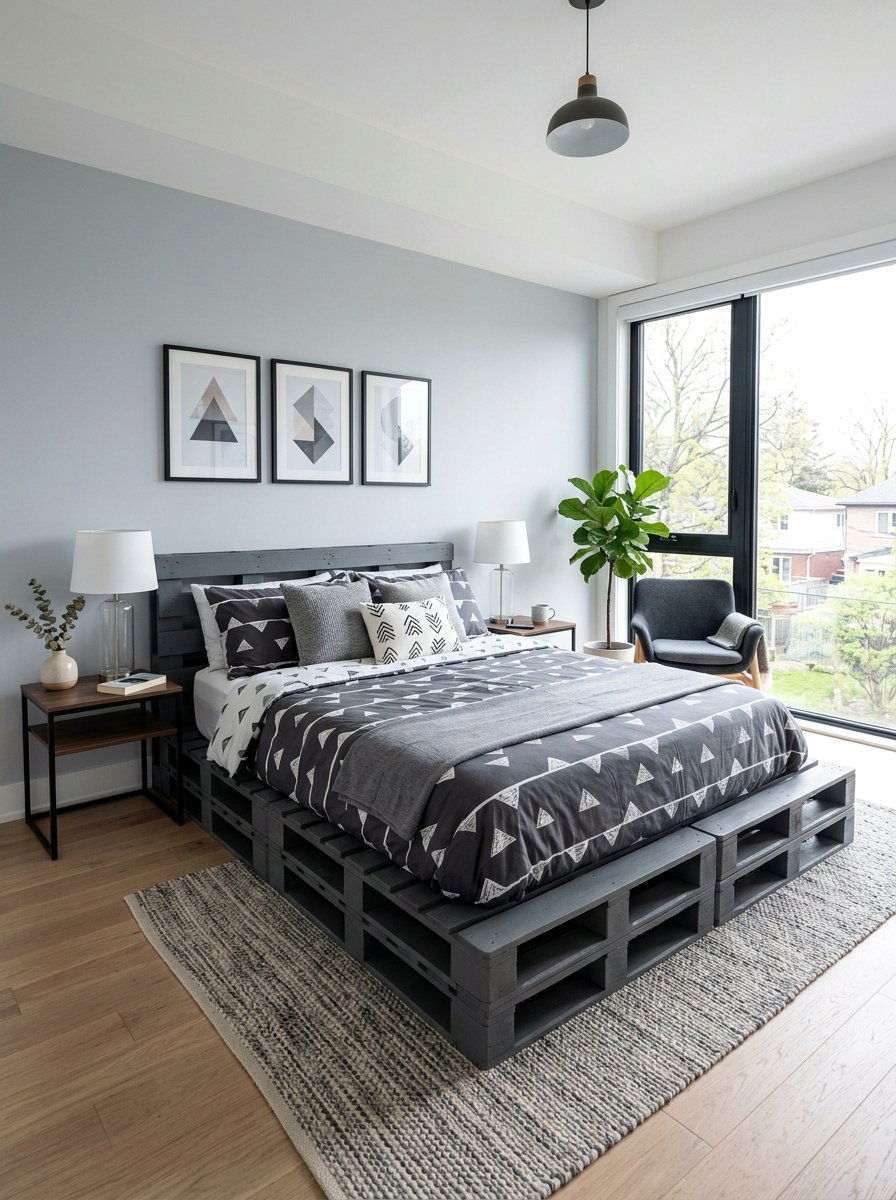 Grey pallet bed - 25 Double pallet bed ideas
