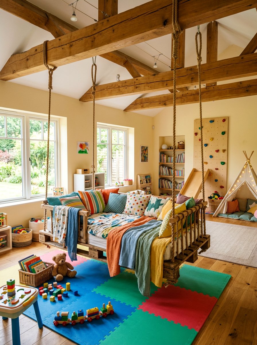 Hanging Pallet Swing Bed - 25 Pallet bed ideas for kids room