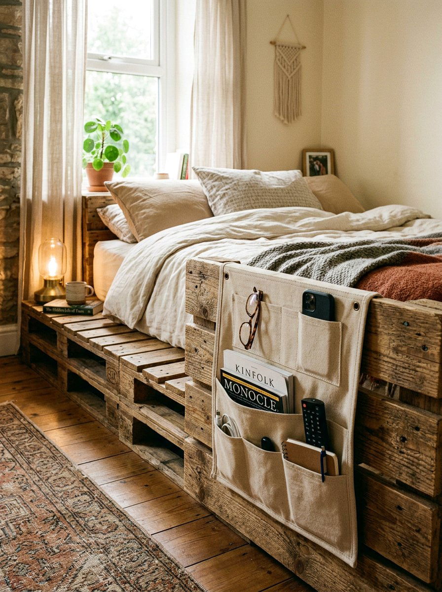 Hanging Side Storage Pockets - 25 Pallet bed ideas with hidden storage