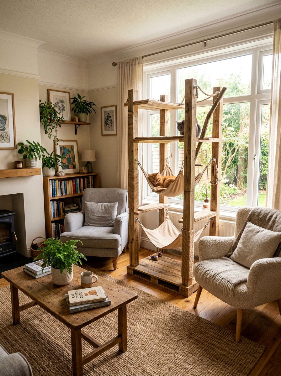 Hanging cat hammock tree - 25 pallet cat tree ideas